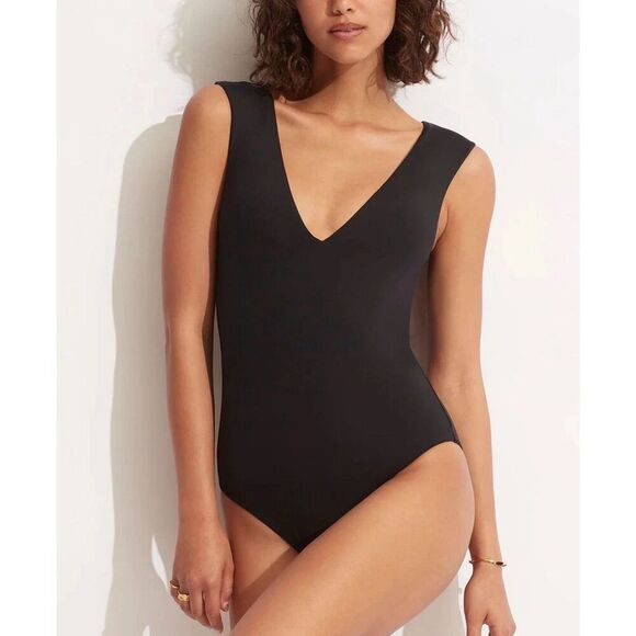 Seafolly Collective V Neck One Piece Swimsuit In Black Sz 10 US/ 14 UK  New - Picture 1 of 5